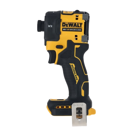A DEWALT 18V XR Brushless cordless impact driver, model DCF870N, featuring a compact ergonomic design and a metal belt clip. The tool is predominantly yellow and black.