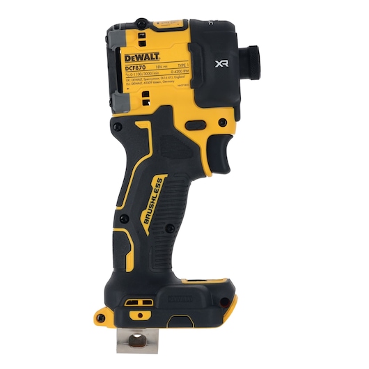 A DEWALT DCF870N cordless brushless impact wrench, shown in a side profile view. The tool is yellow and black, featuring an ergonomic handle, metal belt clip, and manufacturer's label on its body.
