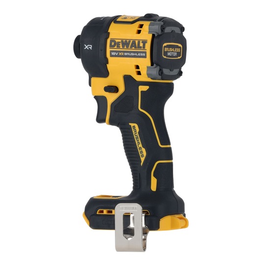 A DEWALT DCF870N 18V XR brushless impact driver shown in a side profile. The tool is yellow and black, with a metal belt clip attached at the base of the handle. The branding and technical features are visible on the body.