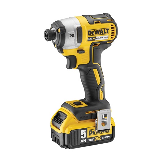 DEWALT 18V XR cordless impact driver with 5Ah lithium-ion battery, yellow and black design.