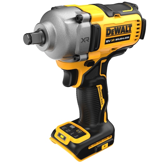 A DEWALT 18V XR Brushless cordless impact wrench, model DCF891NT, shown against a white background. The tool is yellow and black with a compact design, pistol grip, and digital control buttons near the base.