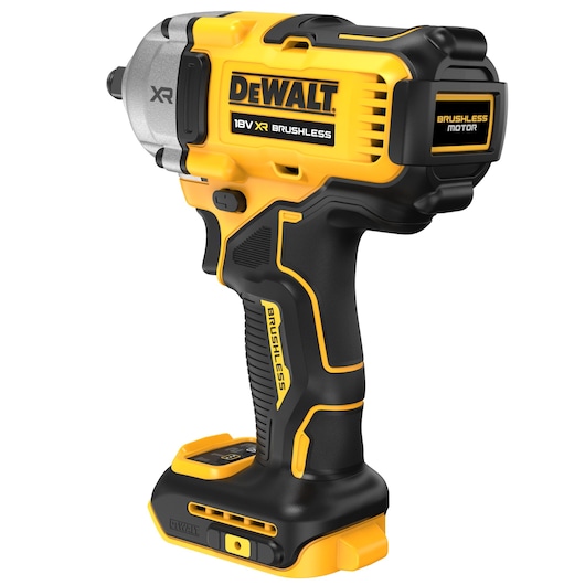 A DEWALT 18V XR brushless cordless impact wrench, displaying a yellow and black design with a label indicating 'Brushless Motor' on the side.