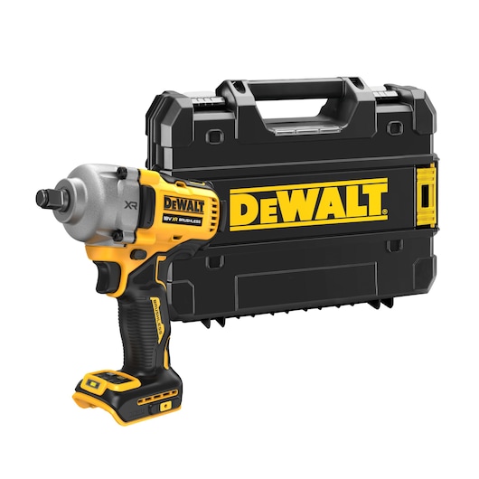 A DEWALT 18V XR Brushless impact wrench positioned in front of a black DEWALT carrying case with yellow accents and branding.