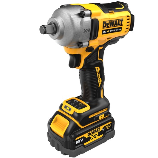 DEWALT 18V XR Brushless cordless impact wrench with a 5.0Ah battery, shown in yellow and black, featuring a sturdy handle and a metal head.