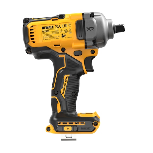 DEWALT impact tool for photography. SKUs: DCF892N, DCZ407P1T1-XE. Yellow and black handheld device shown.