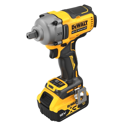 DEWALT 18V XR Brushless Cordless Impact Wrench, model DCF892P2T, shown upright with battery attached. The tool features a yellow and black design and a compact form suitable for heavy-duty fastening tasks.