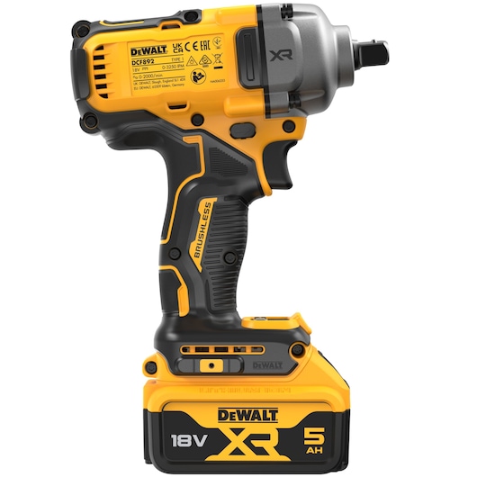 A DEWALT DCF892P2T XR 18V cordless impact wrench with brushless motor, featuring a black and yellow design and a 5 Ah battery pack attached.