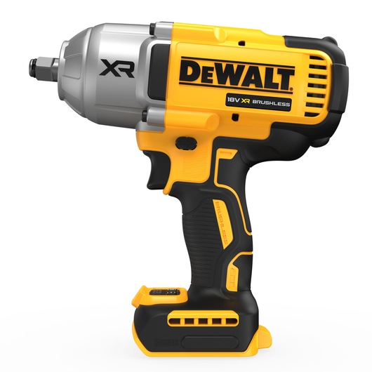 A DEWALT 18V XR brushless cordless impact wrench, featuring a yellow and black design with a silver front and a visible DEWALT logo.