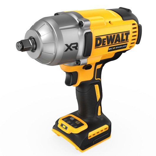A DEWALT 18V XR brushless cordless impact wrench, shown in yellow and black with a metallic front, ergonomic handle, and control buttons at the base.