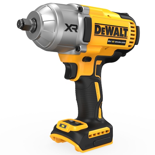 A yellow and black DEWALT 18V XR brushless impact wrench, shown without a battery attached. The tool features the DEWALT logo prominently on the side.