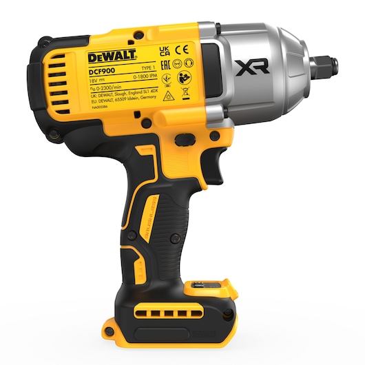 A DEWALT DCF900 cordless impact wrench with yellow and black design. The tool is shown from the side, with product details clearly visible on the label, and features the XR branding on the metal head.
