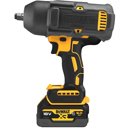 A DEWALT 18V XR cordless impact wrench with a 5.0 Ah battery, featuring a black and yellow design.