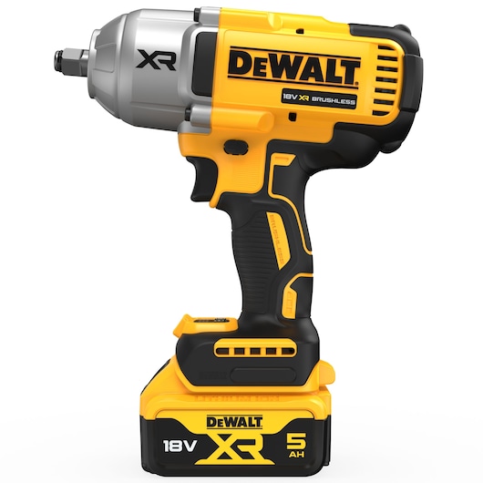 A yellow and black DEWALT 18V XR Brushless cordless impact wrench with a 5.0 Ah battery attached, shown on a white background.