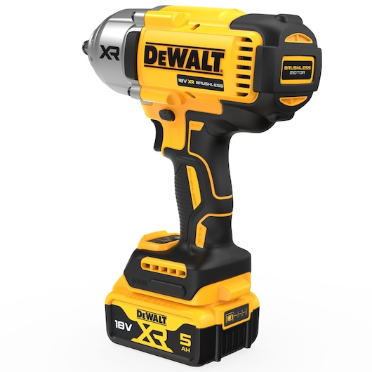 A DEWALT 18V XR Brushless cordless impact wrench with a yellow and black design. The tool features a brushless motor and a 5Ah XR lithium-ion battery pack attached at the base.
