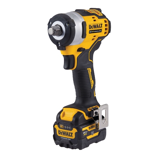 A DEWALT cordless impact wrench, model DCF901P1G, featuring a yellow and black design with a brushless motor and lithium ion battery.