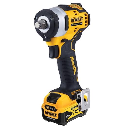 A DEWALT DCF901P1 cordless impact wrench with a yellow and black design, featuring a 12V lithium-ion battery and brushless motor.