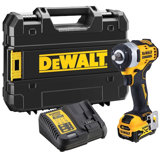 DEWALT cordless impact wrench kit, including a black and yellow impact wrench, a battery charger, and a hard carrying case with DEWALT logo.