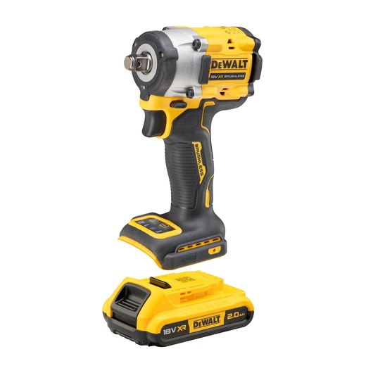 A DEWALT 18V XR brushless cordless impact wrench with a detached 2.0Ah lithium-ion battery, both in yellow and black.