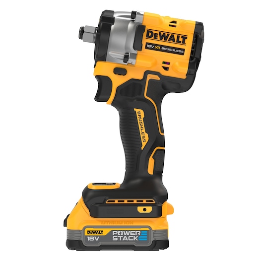A DEWALT 18V XR brushless cordless impact wrench, featuring a POWERSTACK lithium-ion battery. The tool is yellow and black with branding and technical markings visible on the side.
