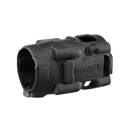 A black DEWALT protective rubber boot for power tools, shown isolated on a white background.