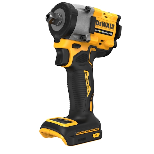 A DEWALT 18V XR Brushless cordless impact wrench without a battery, shown in a black and yellow color scheme, standing upright on a white background.
