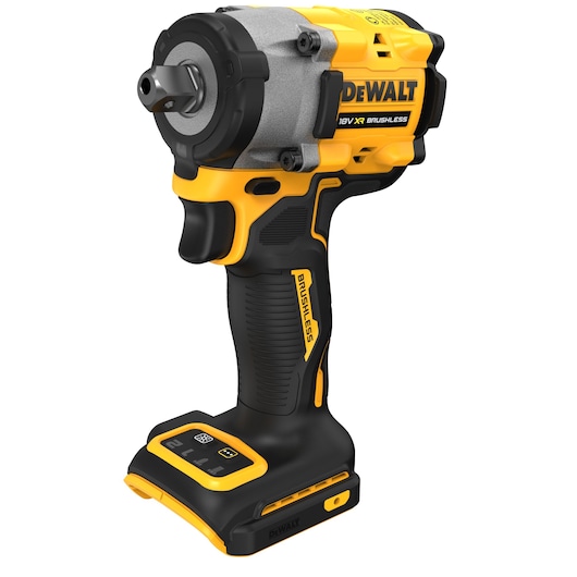 A DEWALT cordless impact wrench, 18V XR Brushless model DCF922N, is shown in a three-quarter view. The tool is yellow and black, features an ergonomic handle, and does not have a battery attached.