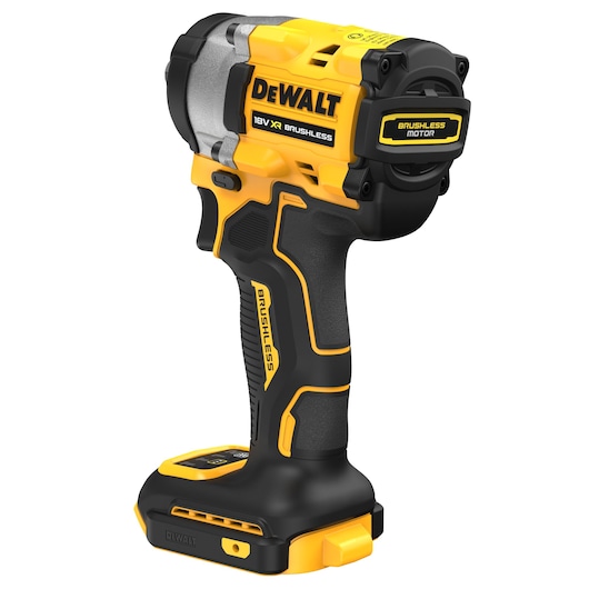 A DEWALT 18V XR Brushless cordless impact wrench, featuring a yellow and black ergonomic design with labeled brushless motor and battery slot.