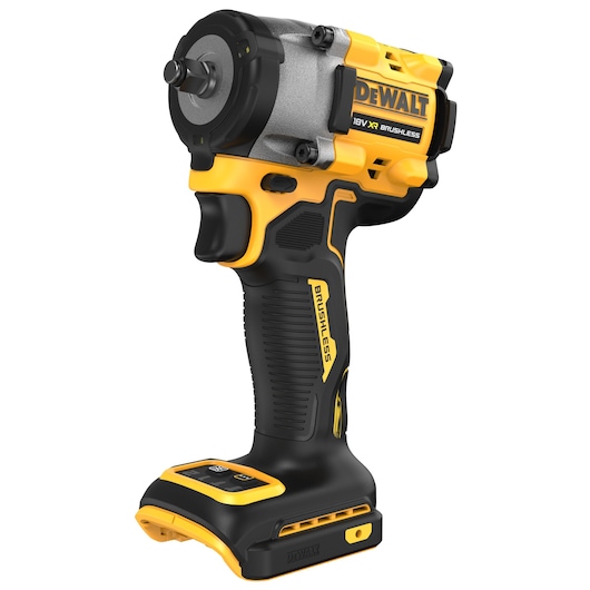 A DEWALT 18V XR Brushless cordless impact wrench with a black and yellow design. The tool features an ergonomic grip, compact size, and is shown without a battery attached.