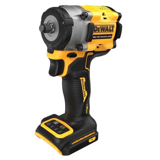 A DEWALT DCF923N 18V XR brushless cordless impact wrench, shown in a close-up on a white background, featuring its yellow and black ergonomic design.