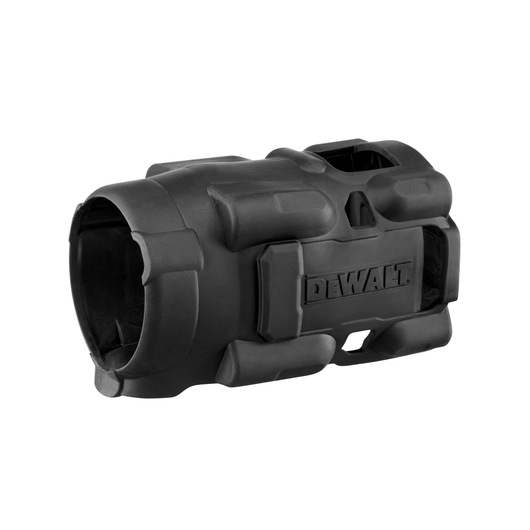 A black DEWALT rubber protective cover, designed for a power tool, photographed on a white background.
