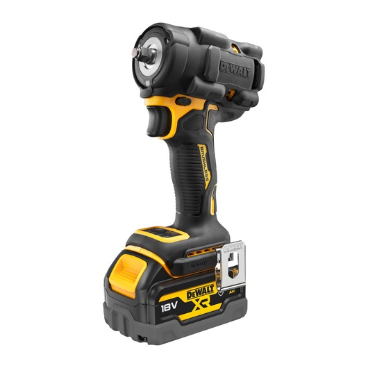 A DEWALT 18V XR cordless impact wrench, featuring a black and yellow design with a brushless motor and ergonomic handle. The battery pack is attached at the base.