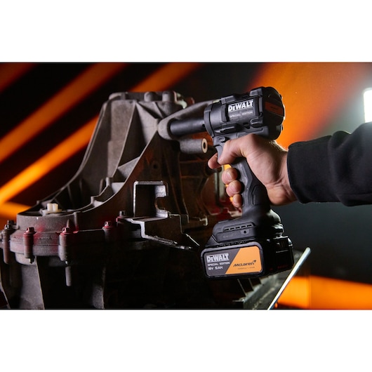 DEWALT x McLaren F1 Team 18V XR Special Edition Compact Impact Wrench with 5Ah battery  in application