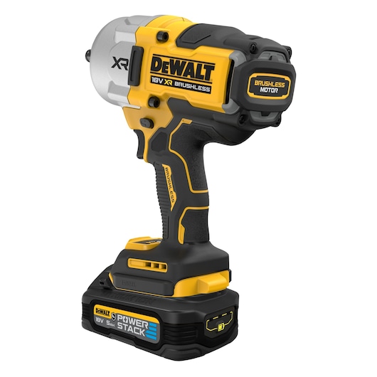 DEWALT 18V XR brushless cordless impact wrench with POWERSTACK 5Ah battery, shown in a yellow and black design.