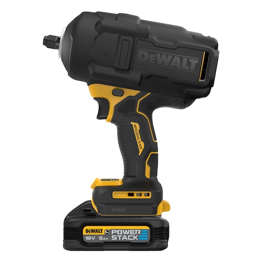 A DEWALT cordless impact wrench with a brushless motor and an 18V POWERSTACK 5Ah battery, shown in black and yellow color.