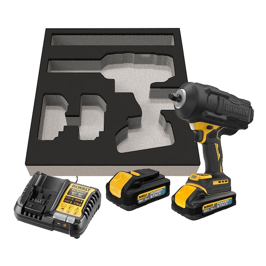 DEWALT cordless impact wrench kit including a black and yellow impact wrench, two 18V POWERSTACK batteries, a battery charger, and a custom foam insert for organized storage.