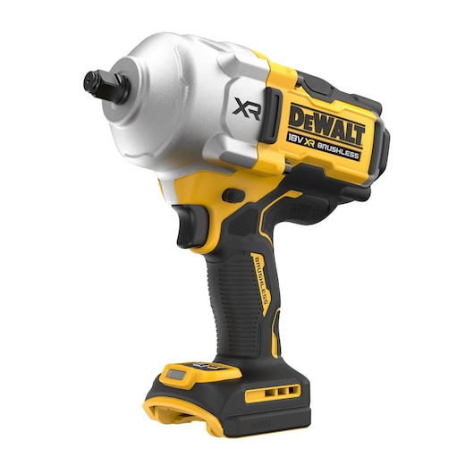 A cordless DEWALT 18V XR brushless impact wrench tool, featuring a black and yellow design with an ergonomic handle and a metal front housing.
