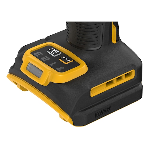 Close-up of the base of a DEWALT power tool, showing a black and yellow design with control buttons and a light indicator.