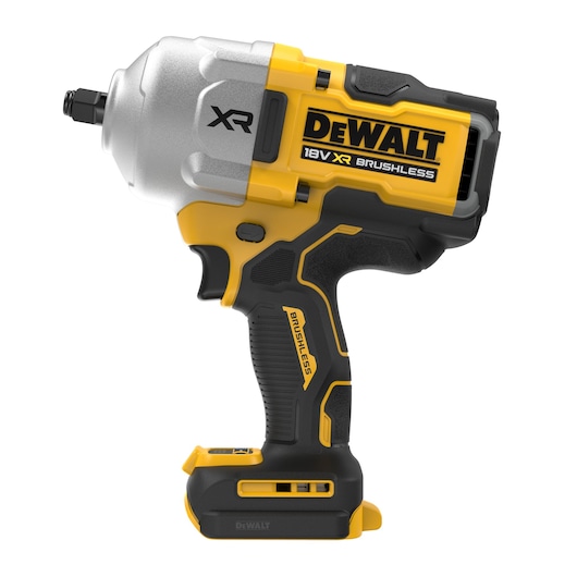 A DEWALT 18V XR Brushless cordless impact wrench, featuring a yellow and black design, shown from the side.