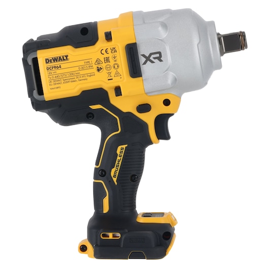 A yellow and black DEWALT cordless brushless impact wrench, model DCF964, with a compact design and labeled specifications on the side.