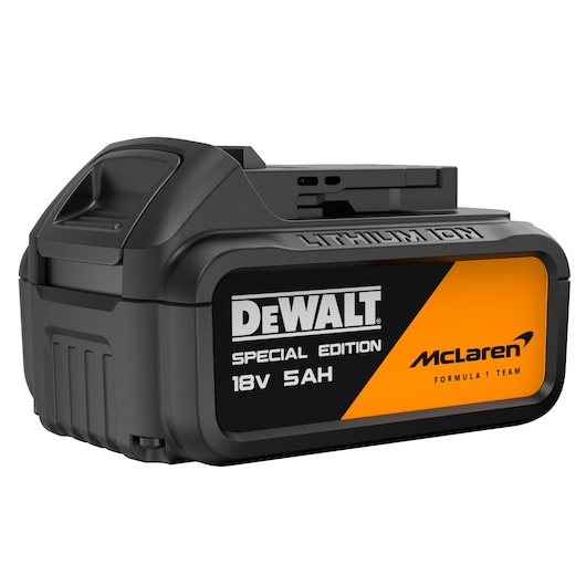DEWALT 18V 5Ah lithium-ion battery, McLaren edition. SKUs: DCF99MP2T-QW, DCF99MP2T.