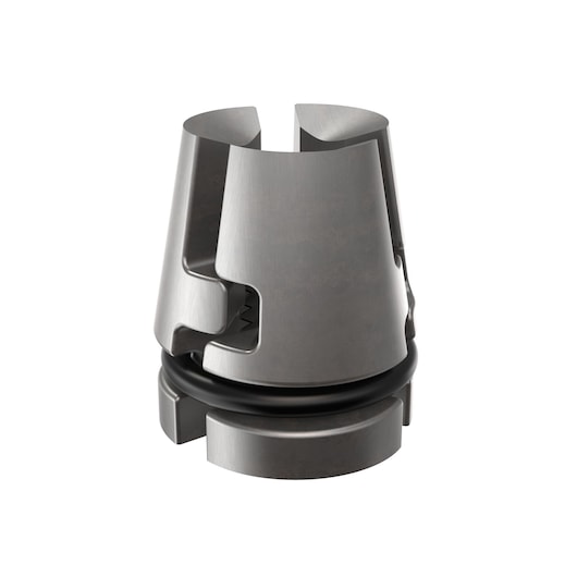A close-up view of a metal photographic accessory component with a cylindrical shape, grooves, and a black ring near its base. The piece appears engineered for precision fitting, likely used in photography equipment.