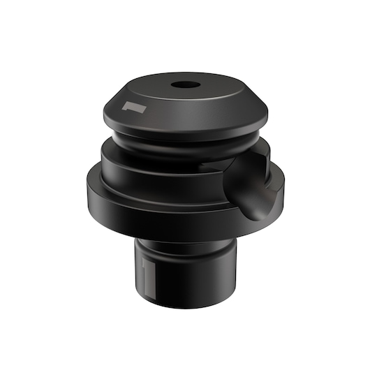 A close-up image of a black DEWALT camera accessory adapter with a cylindrical and grooved design, shown against a white background.