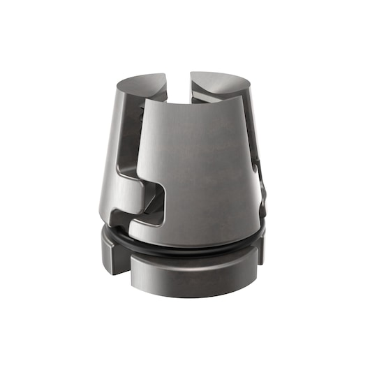 A close-up view of a metallic industrial part, specifically a DEWALT collet, designed for holding tools or accessories in place during use. The part has a cylindrical shape with slots and grooves for secure attachment.