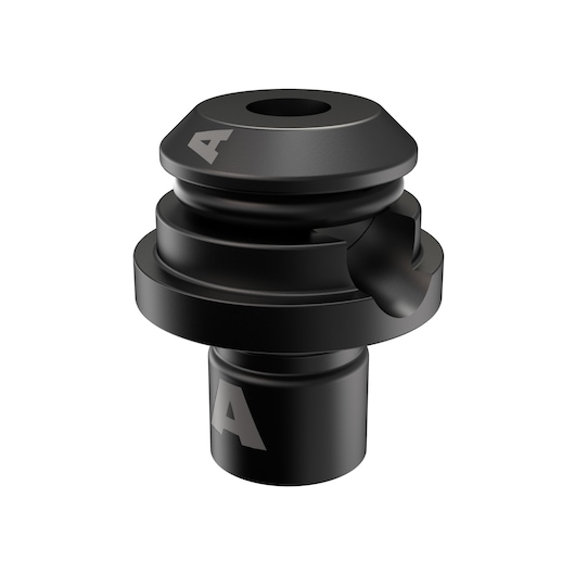 A close-up of a black DEWALT metal component, cylindrical with grooves and the letter 'A' printed on its surface. The item is photographed against a white background.