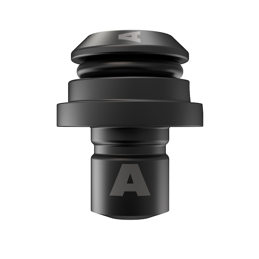 Black DEWALT connector accessory with letter A, cylindrical and ridged design, shown on white background.