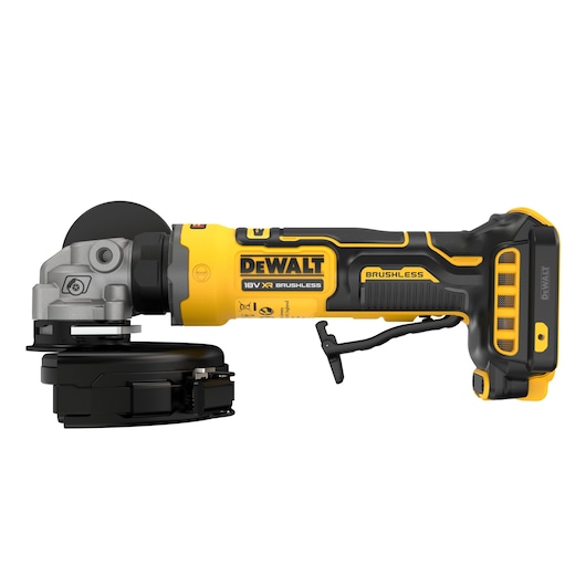 A DEWALT 18V XR Brushless cordless angle grinder, model DCG404NT, shown in a side profile. The tool has a yellow and black design, with the DEWALT branding visible on the body.