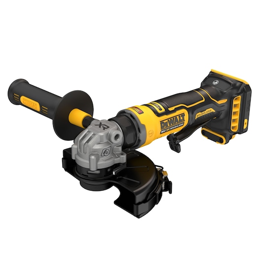 A DEWALT cordless angle grinder with a brushless motor, featuring a black and yellow design with a side handle and protective guard, suitable for cutting and grinding tasks.