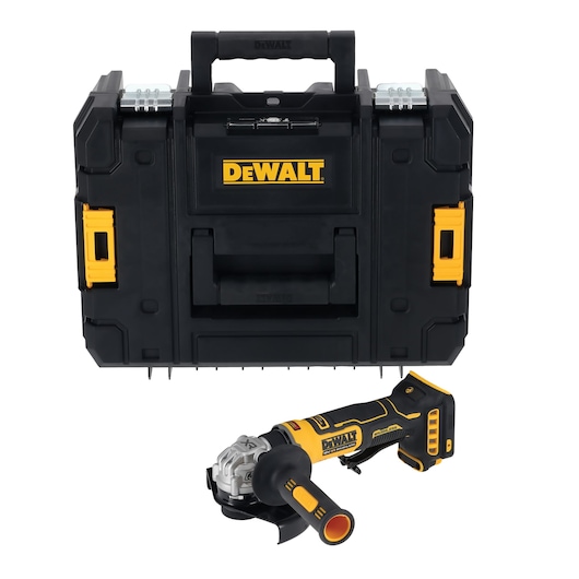 A DEWALT cordless angle grinder tool placed in front of a black and yellow DEWALT hard carrying case.