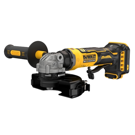 A DEWALT cordless angle grinder with a yellow and black design, side handle, and brushless motor system.