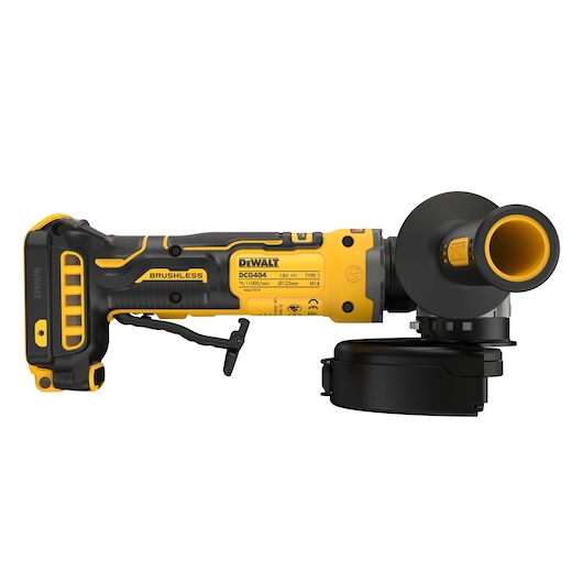 DEWALT DCG404N cordless angle grinder in yellow and black, shown with side handle and brushless motor.